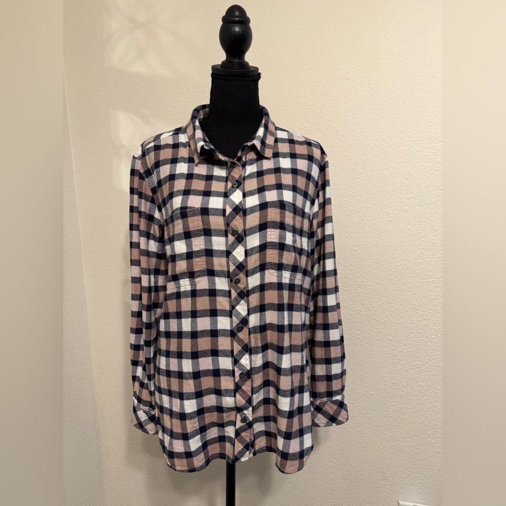 Athleta Pink Navy Lumberjilll Cotton Blend Plaid Button Down Shirt Size MP